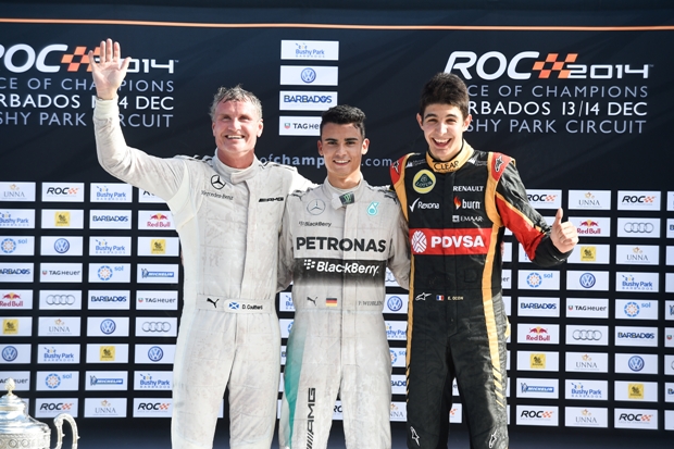 David Coulthard, Pascal Wehrlein and Esteban Ocon celebrate
