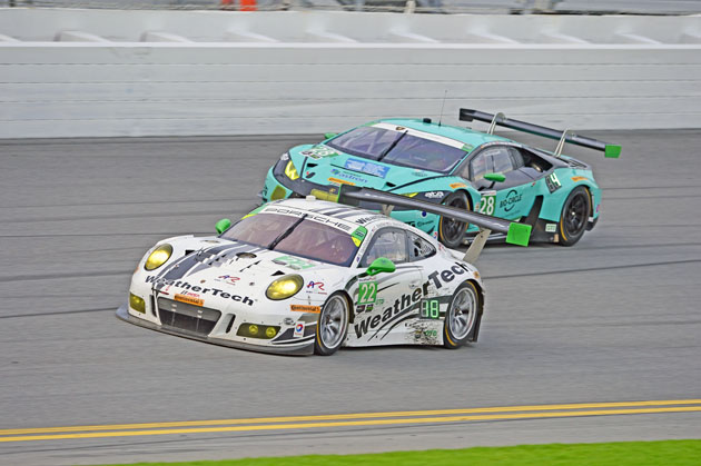 28-31 January, 2016, Daytona Beach, Florida USA 22, Porsche, 991 GT3 R, GTD, David MacNeil, Cooper MacNeil, Leh Keen, Shane van Gisbergen, Gunnar Jeannette, 28, Lamborghini, Huracan GT3, GTD, Rolf Ineichen, Lance Willsey, Franz Konrad, Fabio Babini, Marc Basseng ©2016, Richard Dole LAT Photo USA