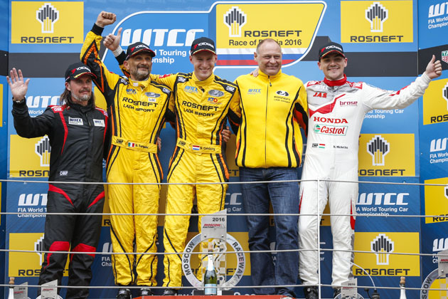 Podium of the main race. CATSBURG Nicky (ned) Lada Vesta team Lada Sport Rosneft, TARQUINI Gabriele (ita) Lada Vesta team Lada Sport Rosneft, MICHELISZ Norbert (hun) Honda Civic team Honda racing Jas and THOMPSON James (gbr) Chevrolet Cruze RML team All Inkl.com Munnich Motorsport during the 2016 FIA WTCC World Touring Car Race of Moscow at Moscow Raceway, Russia from June 10 to 12 2016 - Photo Florent Gooden / DPPI